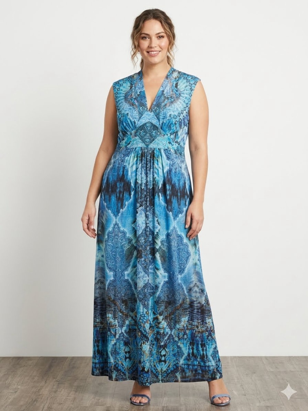 World unity Blue Printed V-Neck Sleeveless Maxi Dress